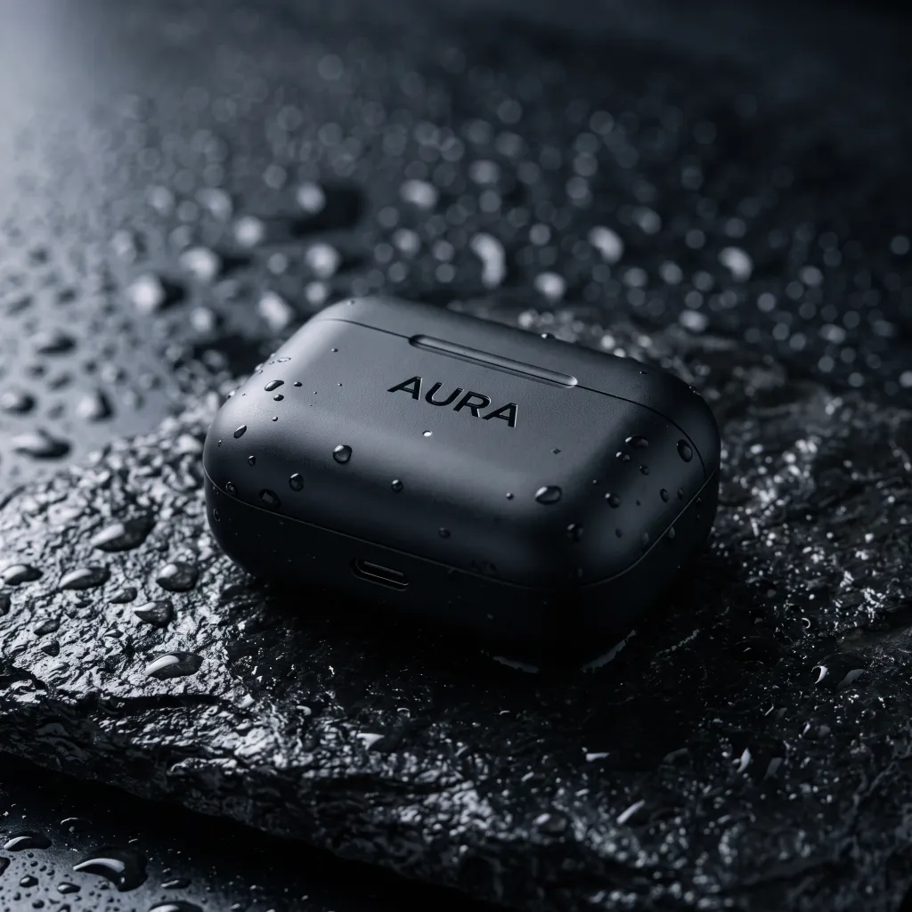 AI-generated product photo of a black earbud case on wet stone